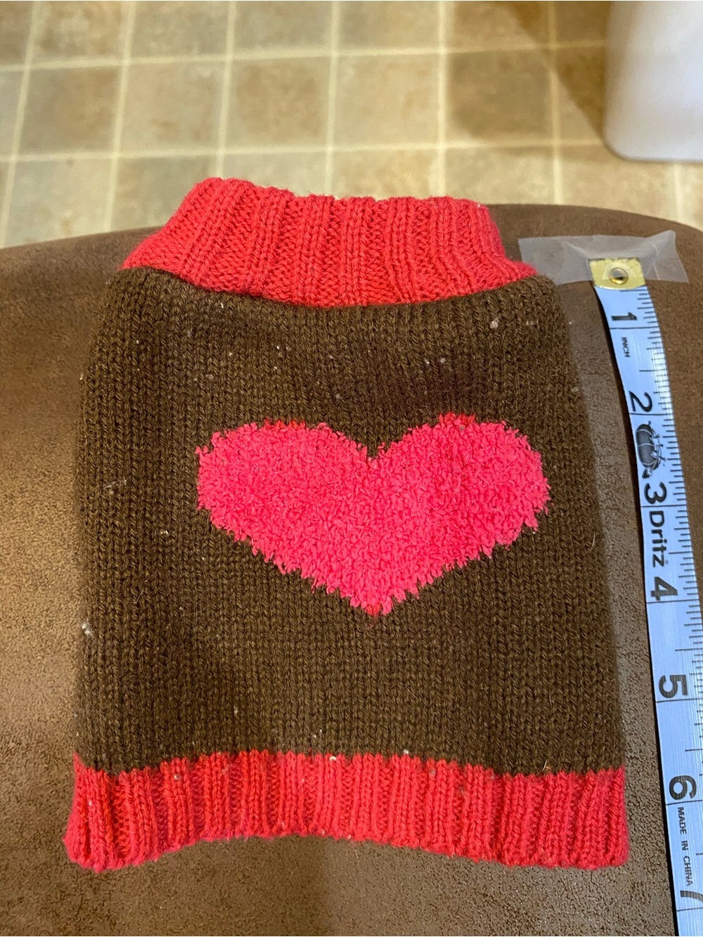Top Paw Brown Dog Sweater with Pink Heart and Pink Trim Ribbing